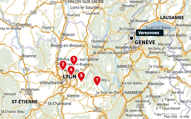 Carte : Versonnex et les 5 agences de la liste, numérotées de 1 à 5