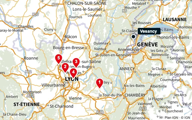 Carte : Vesancy et les 5 agences de la liste, numérotées de 1 à 5