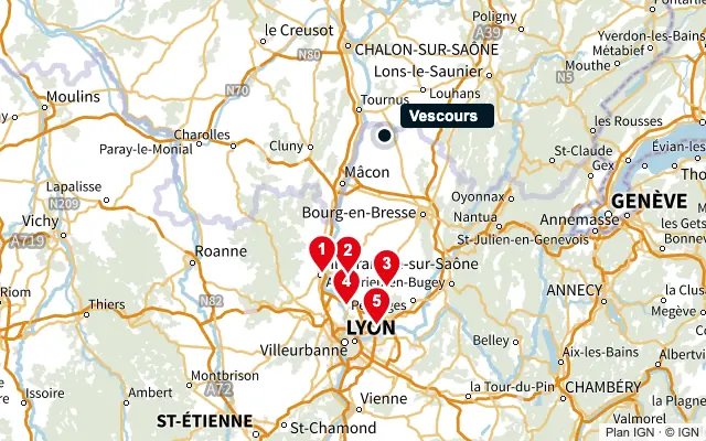 Carte : Vescours et les 5 agences de la liste, numérotées de 1 à 5