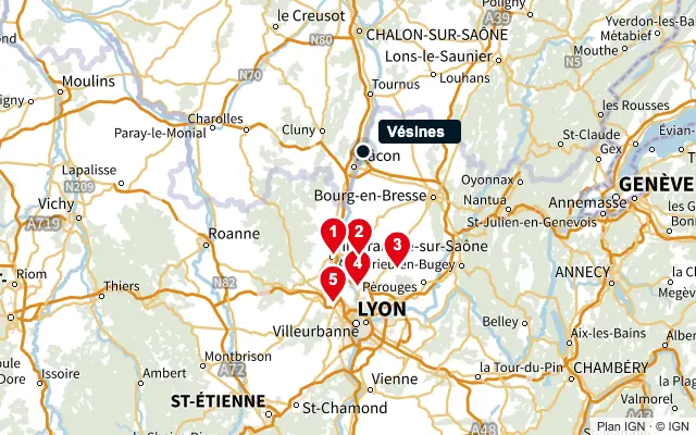 Carte : Vésines et les 5 agences de la liste, numérotées de 1 à 5
