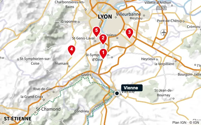 Carte : Vienne et les 5 agences de la liste, numérotées de 1 à 5