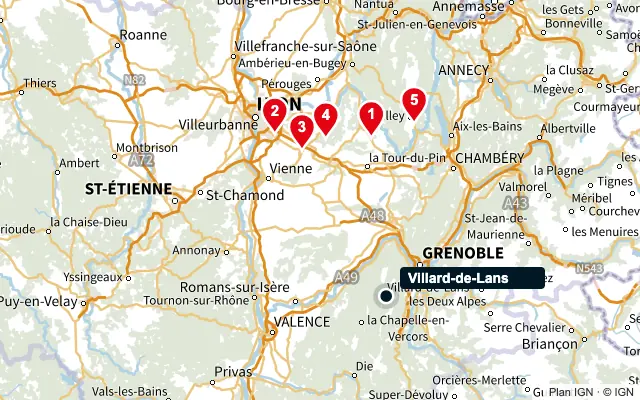 Carte : Villard-de-Lans et les 5 agences de la liste, numérotées de 1 à 5