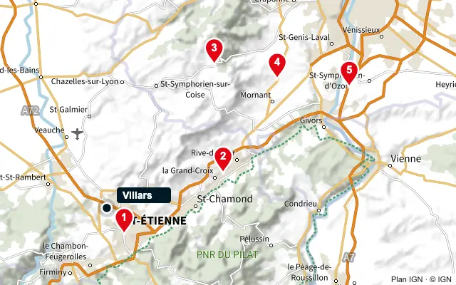 Carte : Villars et les 5 agences de la liste, numérotées de 1 à 5