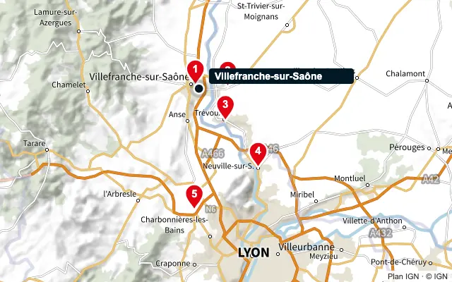 Carte : Villefranche-sur-Saône et les 5 agences de la liste, numérotées de 1 à 5