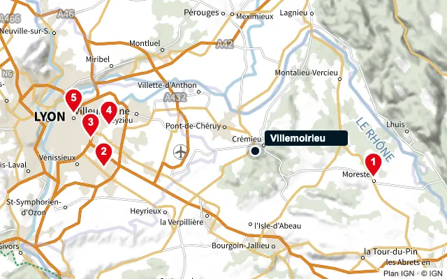 Carte : Villemoirieu et les 5 agences de la liste, numérotées de 1 à 5
