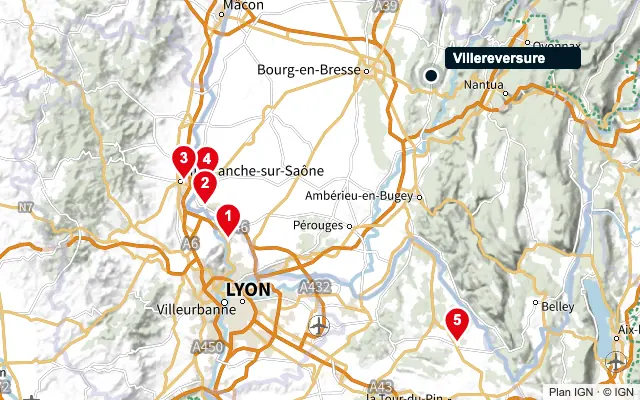 Carte : Villereversure et les 5 agences de la liste, numérotées de 1 à 5