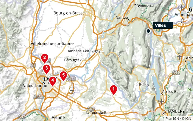 Carte : Villes et les 5 agences de la liste, numérotées de 1 à 5