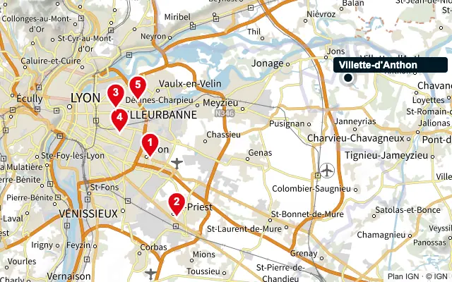 Carte : Villette-d'Anthon et les 5 agences de la liste, numérotées de 1 à 5