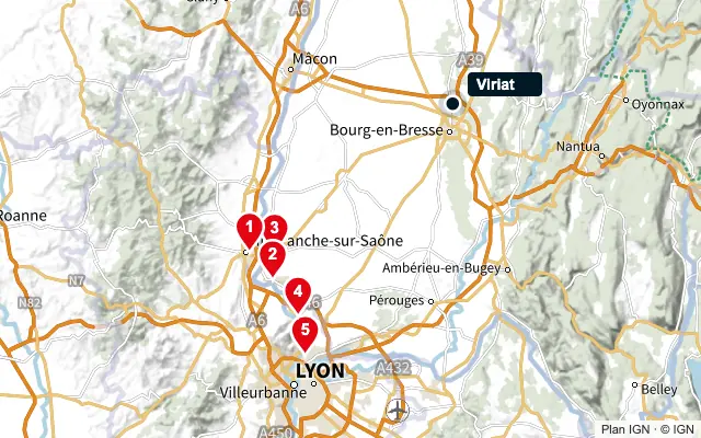 Carte : Viriat et les 5 agences de la liste, numérotées de 1 à 5