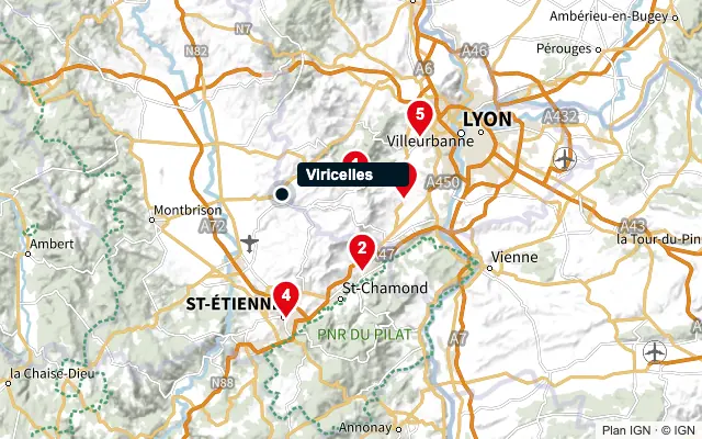 Carte : Viricelles et les 5 agences de la liste, numérotées de 1 à 5