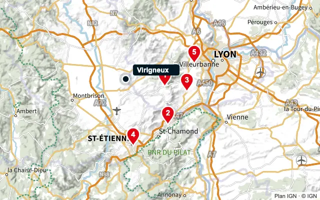 Carte : Virigneux et les 5 agences de la liste, numérotées de 1 à 5