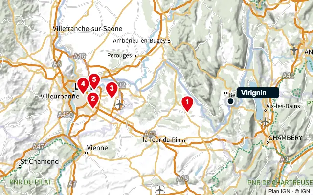 Carte : Virignin et les 5 agences de la liste, numérotées de 1 à 5