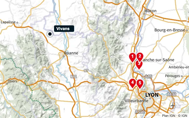 Carte : Vivans et les 5 agences de la liste, numérotées de 1 à 5