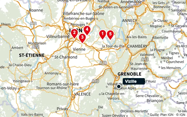Carte : Vizille et les 5 agences de la liste, numérotées de 1 à 5