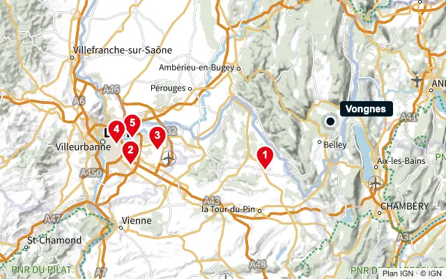 Carte : Vongnes et les 5 agences de la liste, numérotées de 1 à 5
