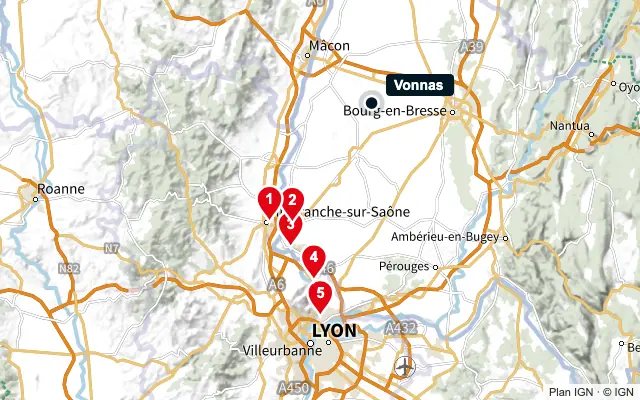 Carte : Vonnas et les 5 agences de la liste, numérotées de 1 à 5