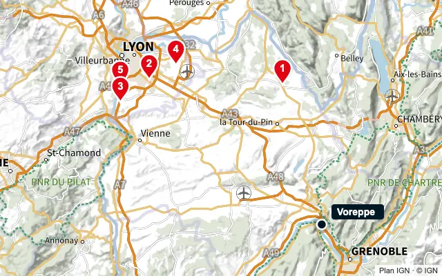 Carte : Voreppe et les 5 agences de la liste, numérotées de 1 à 5