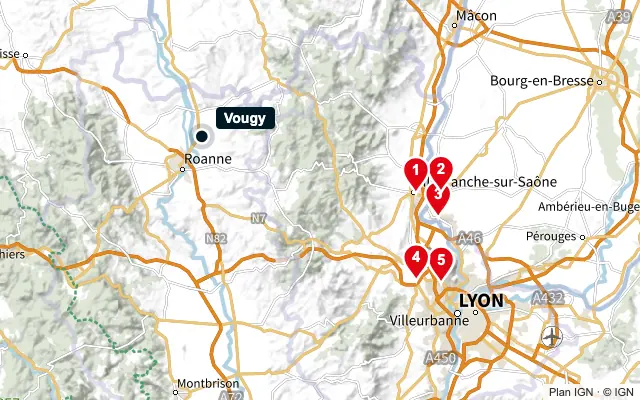 Carte : Vougy et les 5 agences de la liste, numérotées de 1 à 5