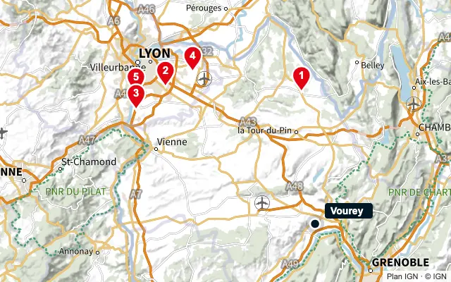 Carte : Vourey et les 5 agences de la liste, numérotées de 1 à 5