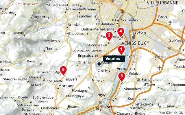 Carte : Vourles et les 5 agences de la liste, numérotées de 1 à 5