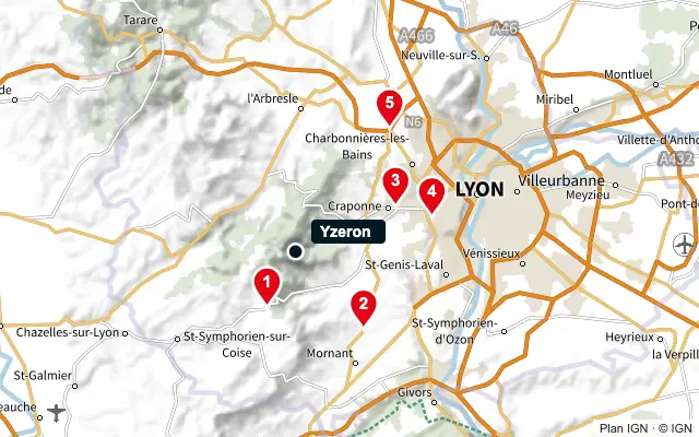 Carte : Yzeron et les 5 agences de la liste, numérotées de 1 à 5