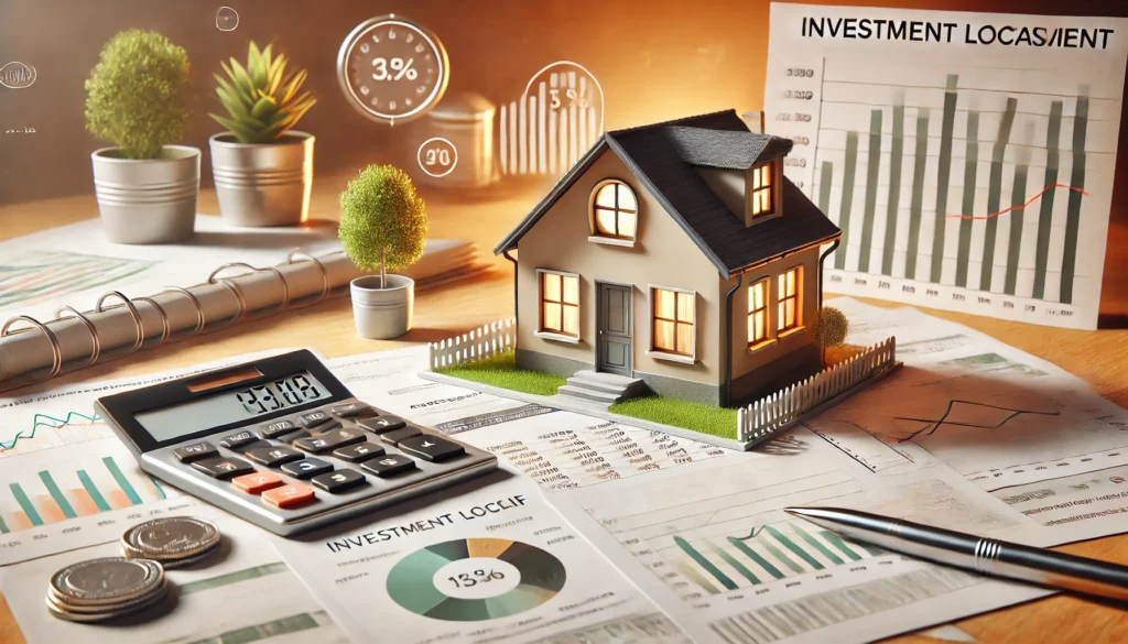 Petite maison moderne illustrant les avantages fiscaux d'un investissement locatif, accompagnée de documents fiscaux et graphiques financiers en arrière-plan