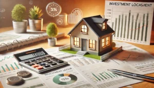 Petite maison moderne illustrant les avantages fiscaux d'un investissement locatif, accompagnée de documents fiscaux et graphiques financiers en arrière-plan