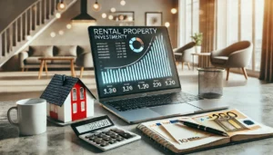 Espace de travail avec ordinateur affichant des graphiques de rentabilité locative, calculatrice, carnet, maquette de maison et billets en euros — illustrant l’investissement immobilier locatif.