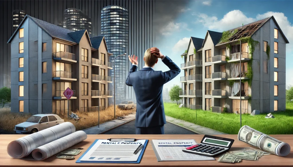 Investisseur hésitant entre deux immeubles, l’un bien entretenu et l’autre délabré, représentant les erreurs à éviter en investissement locatif.