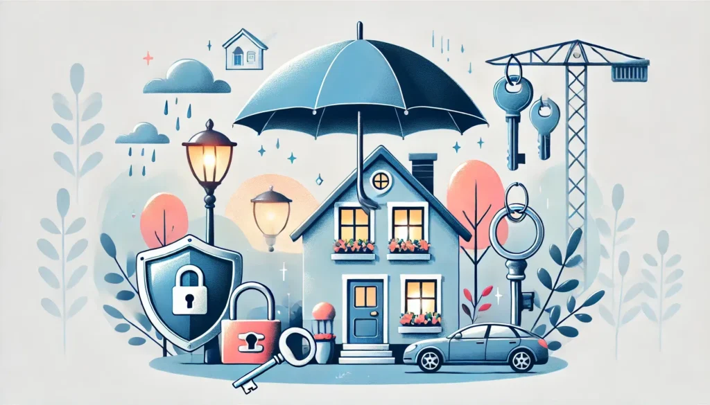 Illustration protection bailleurs contre loyers impayés avec maison, clés et bouclier symbolisant sécurité et sérénité
