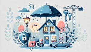 Illustration protection bailleurs contre loyers impayés avec maison, clés et bouclier symbolisant sécurité et sérénité