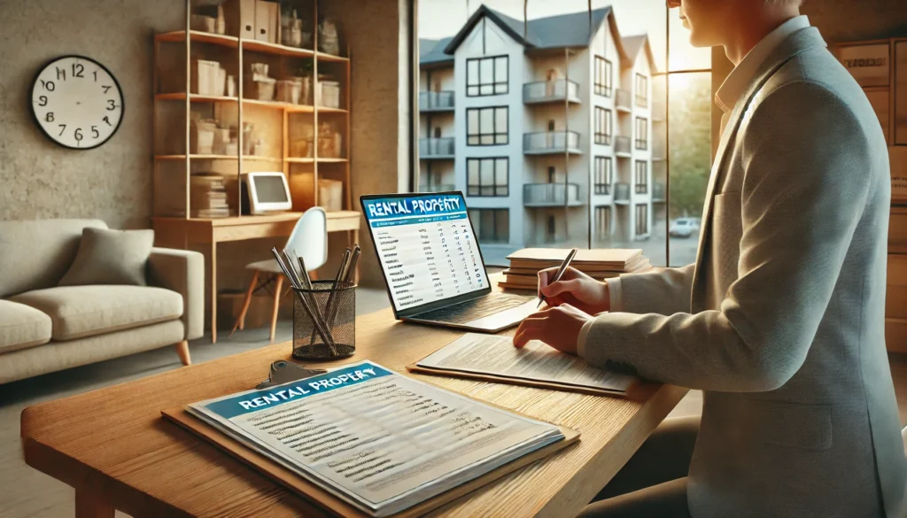 Personne examinant des documents de gestion locative devant un ordinateur portable, avec vue sur un immeuble