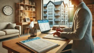 Personne examinant des documents de gestion locative devant un ordinateur portable, avec vue sur un immeuble