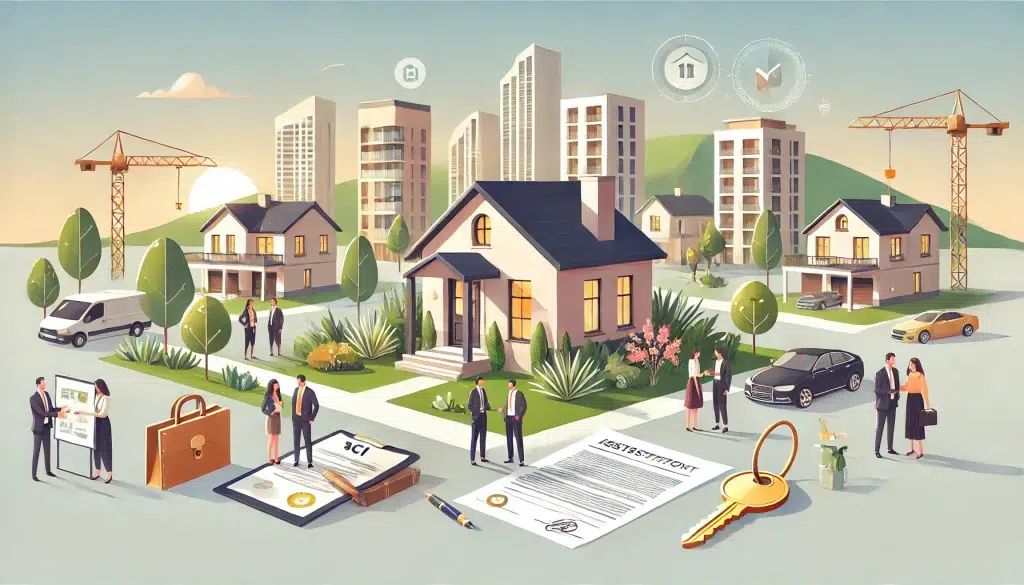 Illustration symbolique représentant un investissement locatif via une SCI, montrant un immeuble résidentiel moderne, des clés et des investisseurs discutant devant la propriété.