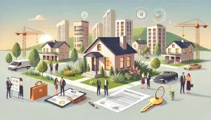 Illustration symbolique représentant un investissement locatif via une SCI, montrant un immeuble résidentiel moderne, des clés et des investisseurs discutant devant la propriété.