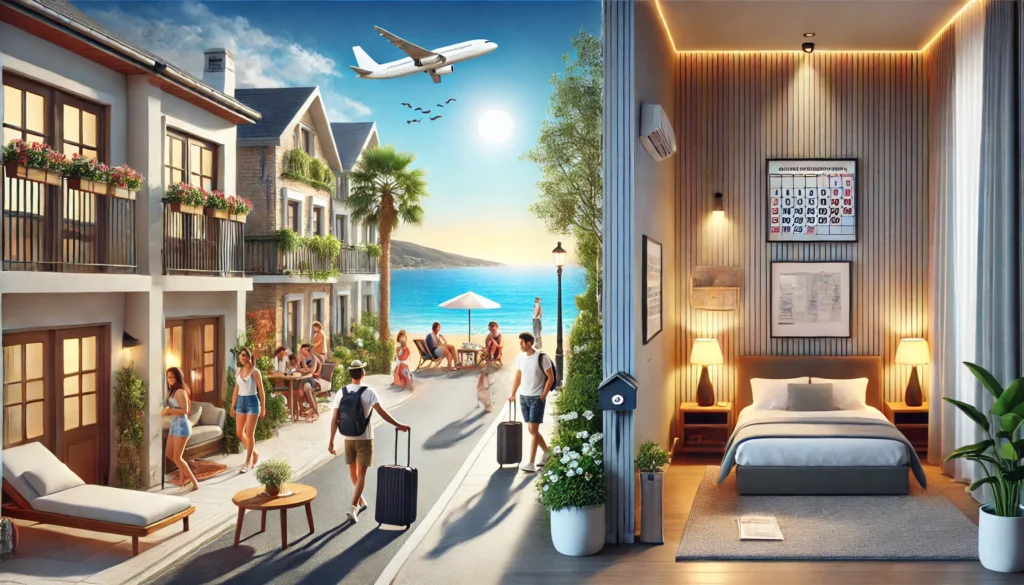 Illustration réaliste comparant une location saisonnière animée dans une zone touristique et une location longue durée dans un quartier résidentiel calme