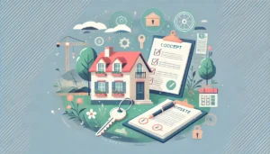 Illustration sereine et professionnelle évoquant la gestion locative immobilière, avec maison, clés et documents dans une ambiance chaleureuse et organisée.