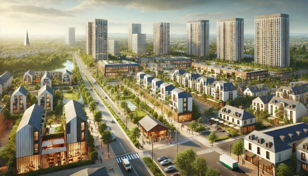 Paysage urbain réaliste d'une ville moderne avec des immeubles contemporains, espaces verts aménagés et commerces de proximité, idéal pour illustrer l'investissement locatif immobilier