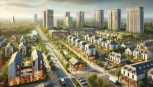 Paysage urbain réaliste d'une ville moderne avec des immeubles contemporains, espaces verts aménagés et commerces de proximité, idéal pour illustrer l'investissement locatif immobilier