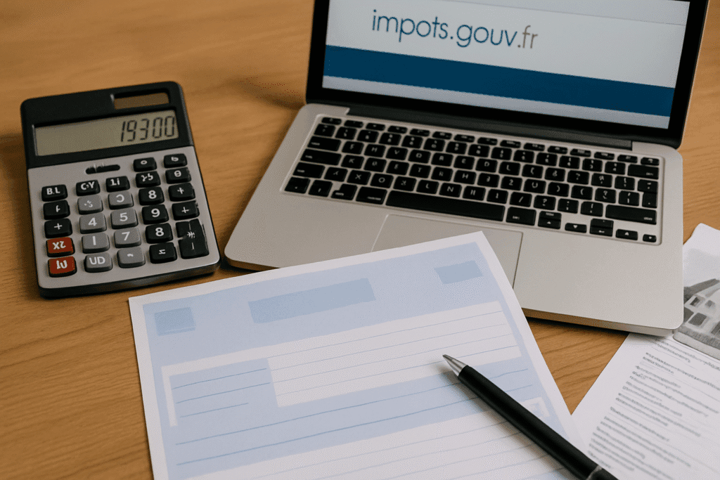 Formulaire de déclaration des revenus locatifs 2044 posé sur un bureau avec une calculatrice, un ordinateur affichant le site impots.gouv.fr et des documents de location.