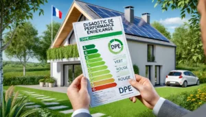 Propriétaire français tenant un certificat DPE devant une maison écologique avec panneaux solaires