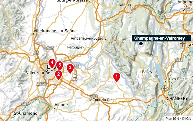 Carte : Champagne-en-Valromey et les 5 agences de la liste, numérotées de 1 à 5