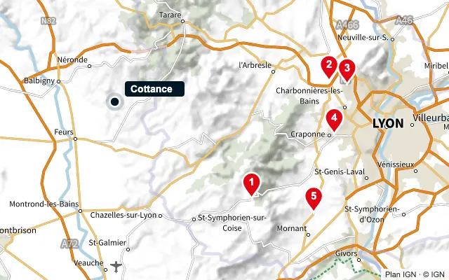 Carte : Cottance et les 5 agences de la liste, numérotées de 1 à 5