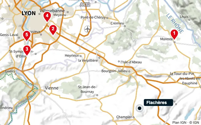 Carte : Flachères et les 5 agences de la liste, numérotées de 1 à 5