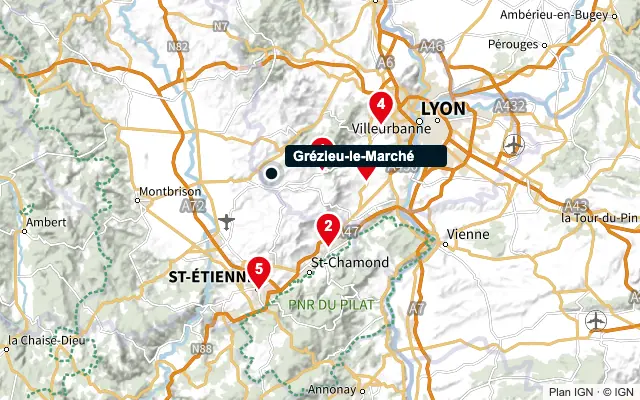 Carte : Grézieu-le-Marché et les 5 agences de la liste, numérotées de 1 à 5