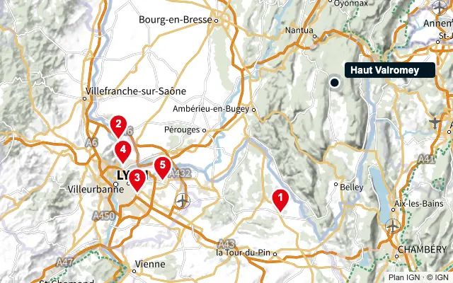 Carte : Haut Valromey et les 5 agences de la liste, numérotées de 1 à 5