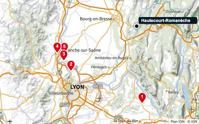 Carte : Hautecourt-Romanèche et les 5 agences de la liste, numérotées de 1 à 5