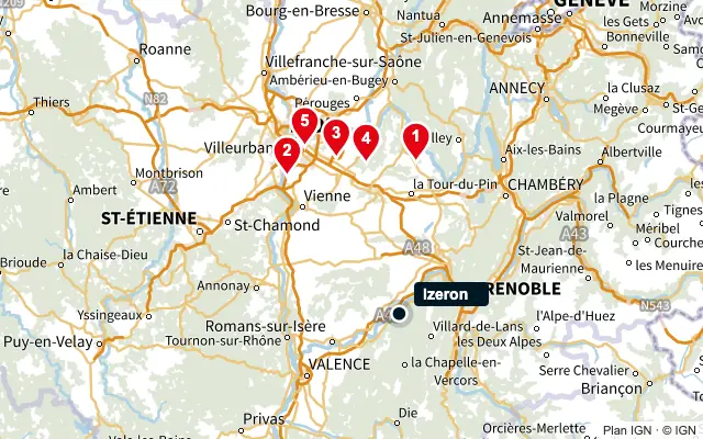 Carte : Izeron et les 5 agences de la liste, numérotées de 1 à 5