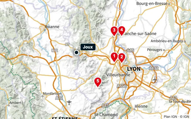 Carte : Joux et les 5 agences de la liste, numérotées de 1 à 5