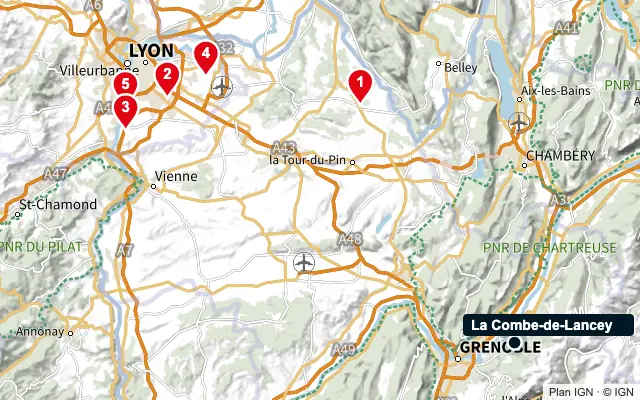 Carte : La Combe-de-Lancey et les 5 agences de la liste, numérotées de 1 à 5